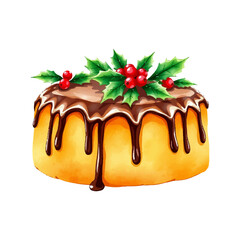 Watercolor Easter cake, with berries on top, filled with chocolate icing. Hand painted in soft warm colors, isolated on white background, vector illustration. For holiday design.