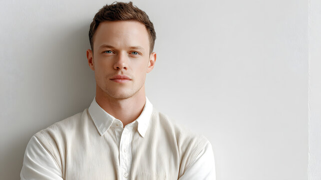 portrait of a focused man in a stylish shirt, looking directly at the camera with confidence. The image captures a sense of professionalism and approachability