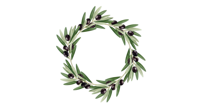 Olive Branch Wreath with Black Olives on White Background 1.
