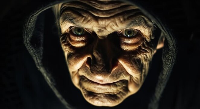 Creepy old witch casting a spell with sinister eyes in the dark, perfect for Halloween or horror themes, creating suspense and fear