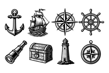 Nautical adventure set: anchor, ship, compass, and more in vintage tattoo style