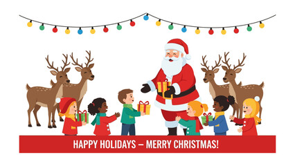 Santa's Christmas Gift Exchange: Illustrating the spirit of giving, santa with a joyful face and generous heart, brings cheerful gift and a beautiful scene with reindeer and children.