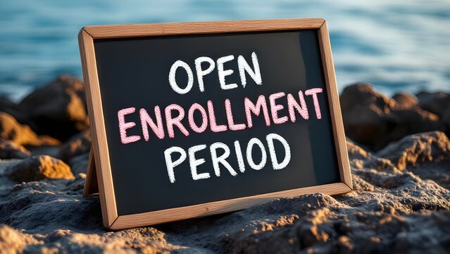 photorealistic image, chalkboard sign with text "OPEN ENROLLMENT PERIOD", scenic background with rocks and water, warm