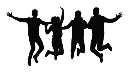 Four friends jumping silhouette isolated on white background, Vector