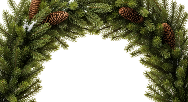 Fir branches with pinecones and snow isolated on transparent background