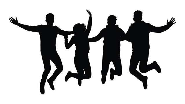 Four friends jumping silhouette isolated on white background, Vector