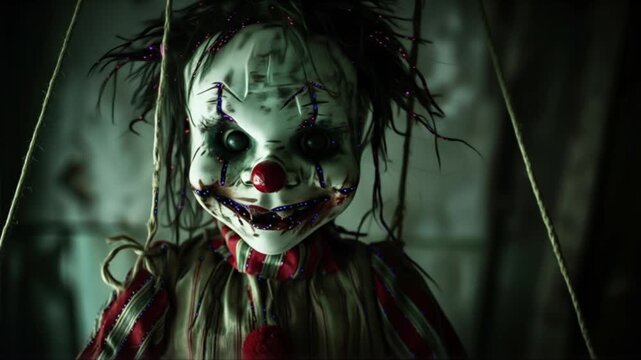 Terrifying clown puppet descends, creating suspenseful horror movie moment, perfect for spooky Halloween promotions and thrilling haunted house attractions