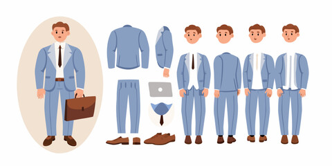 Business man character creator kit with blue suit and accessories for animation and design