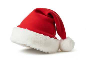A bright red velvety Santa Claus hat with white fluffy fur trim and pompom, isolated on a pure white background. Perfect for holiday design projects.