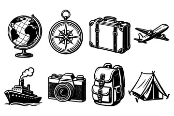 Classic travel icons in vintage style featuring globe, compass, and luggage for adventure enthusiasts