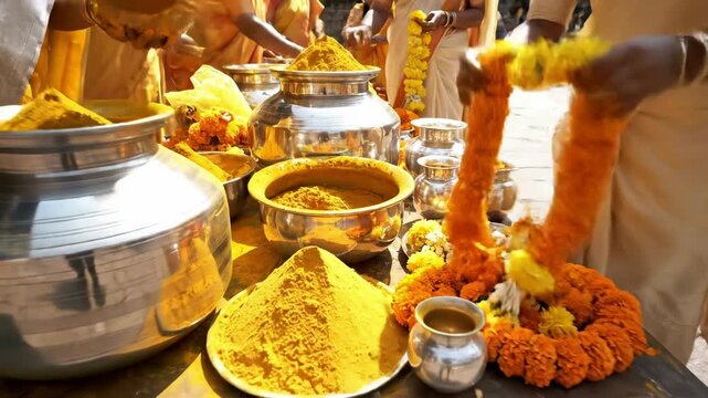 Vibrant preparations for Thaipusam Turmeric powder, garlands and pots showcasing the religious ceremony of the Tamil community