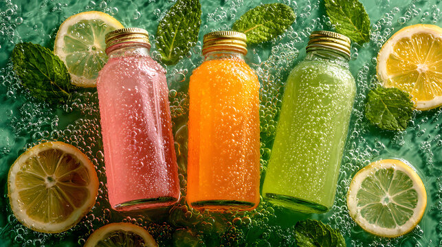 Vibrant Sparkling Drinks with Lemon and Mint on Green