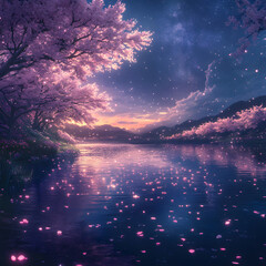 Fototapeta premium A quiet lakeside covered in glowing cherry blossoms under a radiant Milky Way. The water gently ripples, disturbed by the floating petals. Distant stars illuminate the scene in soft purples and blues.