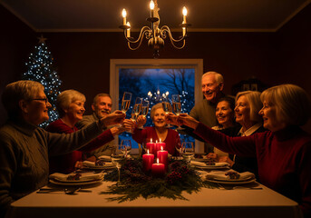Multi generation family gathered around a dining table for a festive holiday dinner. They are making a toast with champagne flutes in the warm glow of candlelight.