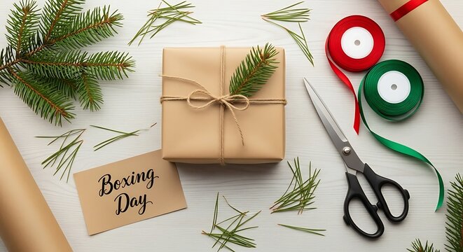 Boxing Day Gift Wrapping Scene: Kraft Paper Parcel with Twine, Ribbons, Scissors and Evergreen Sprigs on White Wood Background - Holiday Gift Preparation