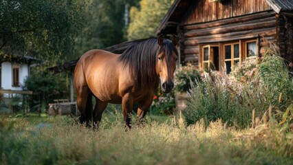 A brown horse stands in a grassy yard beside a rustic wooden house, with wildflowers and tall grasses around. Concept Brown horse in a grassy yard, Rustic wooden house backdrop