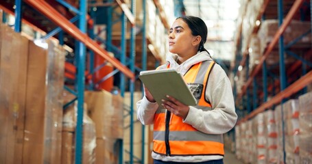 Logistics, thinking and woman with tablet in warehouse, distribution and info for quality...