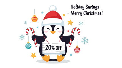Holiday Savings Announcement: A festive penguin adorned in a Santa hat, holds a sign proclaiming 20% OFF surrounded by candy canes and ornaments, embodies the joy and cheer of the holiday season.