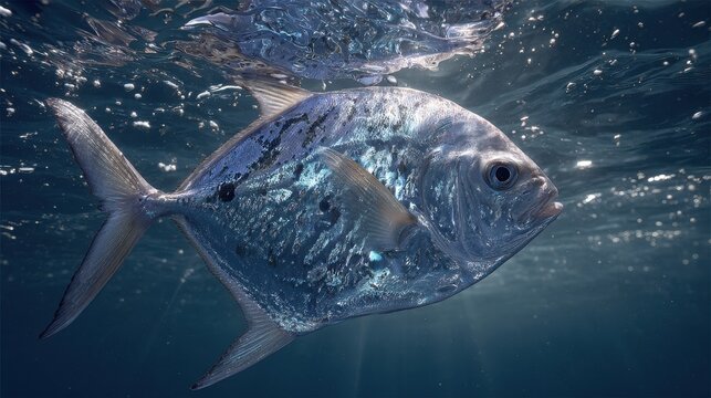 Graceful Fish Lookdown (Selene vomer) Swimming in a Blue Aquatic Haven with a Pack of Silvery Companions