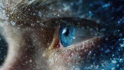 Close-up of a blue eye with a shimmering iris, surrounded by water droplets and specks of light. Concept Blue eye macro, shimmering iris, water droplets, light specks, close-up portrait