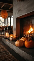 Obraz premium Cozy fireplace with burning fire and orange pumpkings. Autumn holiday concept with lit lanterns. Warm hygge mood for home interior decor. Fall decoration for restaurant, cafe. Vertical indoor view.