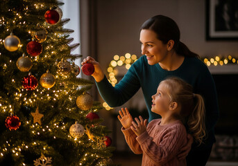 Mother and daughter decorating the Christmas tree in a warm, cozy evening light. The mother places an ornament while the child claps with joy. Blurred golden background lights.