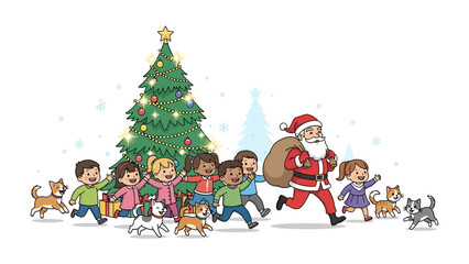 Fototapeta premium Christmas Cheer with Santa and Friends: Santa Claus, a jovial figure, leads a procession of joyful children and playful dogs, their faces alight with festive anticipation.