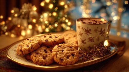 Hot chocolate and chocolate chip cookies on a festive plate with twinkling Christmas lights in the background. Concept Hot Chocolate and Cookies, Festive Plate Setting, Twinkling Christmas Lights