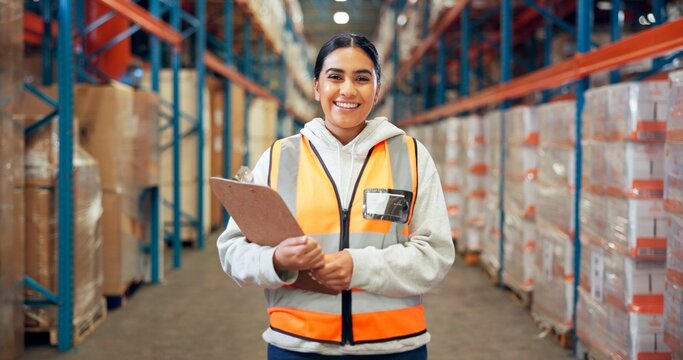 Logistics, portrait and woman with clipboard in warehouse, distribution and info for quality control. Factory, distributor and person with checklist for stock inventory, supply chain and shipping - Powered by Adobe