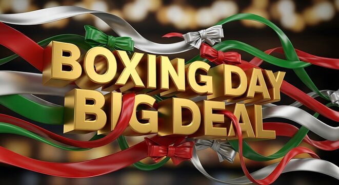 Luxurious Boxing Day Big Deal Design: Golden Text, Festive Ribbons, and Bokeh Background for High-Impact Holiday Marketing (Ideal for Banners and Ads)