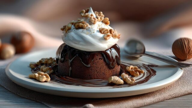 Chocolate cake topped with whipped cream and walnuts, drenched in glossy chocolate sauce on a white plate. Concept Chocolate cake, Whipped cream topping, Walnut garnish, Glossy chocolate sauce