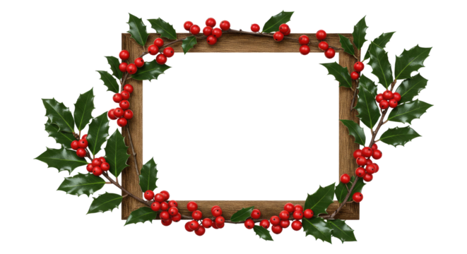 Christmas Holiday Season Decoration With A Square Wooden Border Isolated on Transparent PNG Background.