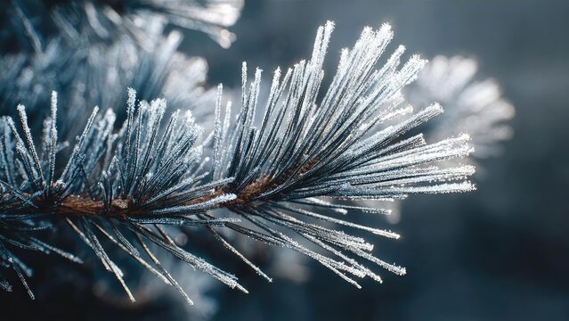 Frost-coated pine needles on a branch, each needle edged with glittering ice crystals. Concept Frosted Pine Needles, Ice-Crystal Detailing, Glittering Winter Textures, Close-Up Frost on Foliage