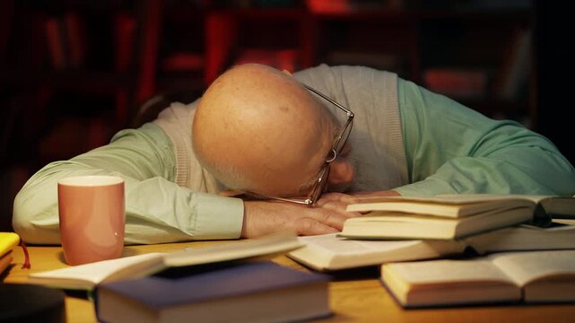 Tired senior professor napping on books in his study after working late night - Powered by Adobe