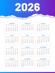 simple 2026 yearly calendar layout in Blue Gradient color