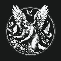 Classic Black and White Illustration of a Winged Angel with Doves.