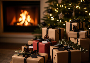 Stacked Christmas gifts wrapped in brown paper and black ribbons placed near a cozy fireplace and a blurred, lit Christmas tree. Warm and elegant holiday interior scene.