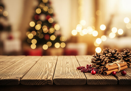 Rustic wooden table with pine cones, cinnamon sticks, and cranberries. Blurred background features a glowing Christmas tree and lights. AI generated