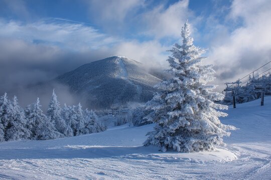 Killington: Majestic Sunrise Over Elegant Peaks and Pine Trees Under a Cloudy Sky