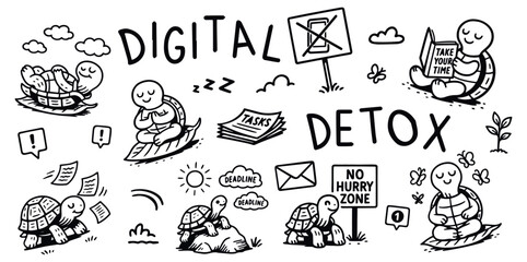 Cartoon turtle practicing digital detox through reading, relaxing, and mindfulness, set of vector, tracing