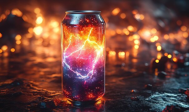 Electric Energy Drink Can with Bright Bolts and Bokeh Background