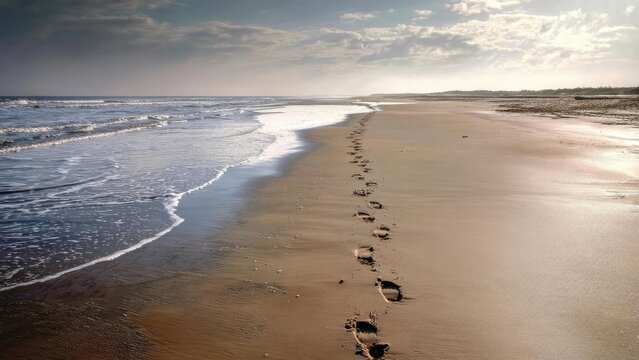 A line of footprints runs along a quiet, sunlit beach with gentle waves lapping the shore. Concept Beach Photography, Footprints, Sunlit Shore, Calm Seascape, Sandy Path