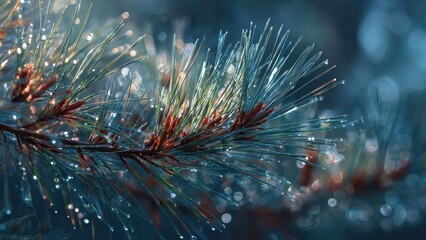 Close-up of pine needles with dew droplets sparkling in a cool blue bokeh background. Concept Macro pine needles, Dew droplets, Blue bokeh, Frosty morning, Nature close-up