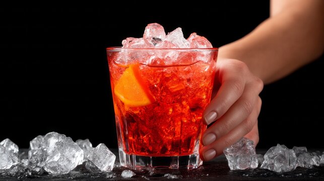 In a lively cocktail bar, a skilled bartender expertly scoops ice cubes into a glass, preparing a vibrant drink garnished with a slice of orange. The atmosphere is energetic and inviting
