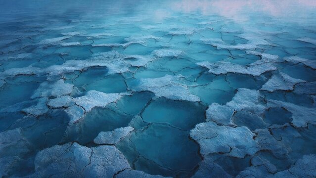 Blue, cracked ice on a frozen lake. Concept Blue tones, Cracked ice texture, Frozen lake scenery, Winter landscape, Ice patterns