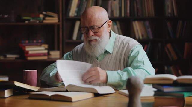 Senior teacher reading books in library, preparing materials for his lecture