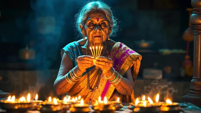 Elderly woman lights candles in a traditional Hindu ceremony, deep in prayer.