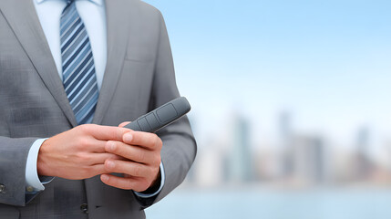 business professional holding a microphone, ready to speak to an audience. The blurred cityscape background symbolizes the global business stage