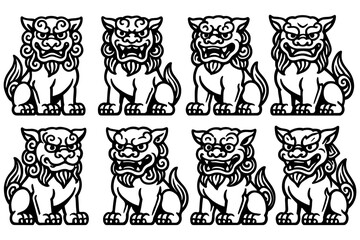 Fototapeta premium Traditional chinese guardian lions in black and white line art style