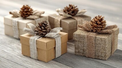 Several small brown gift boxes wrapped with burlap-like ribbons and pinecone toppers on a rustic wooden surface. Concept Rustic gift boxes with burlap ribbons and pinecone toppers